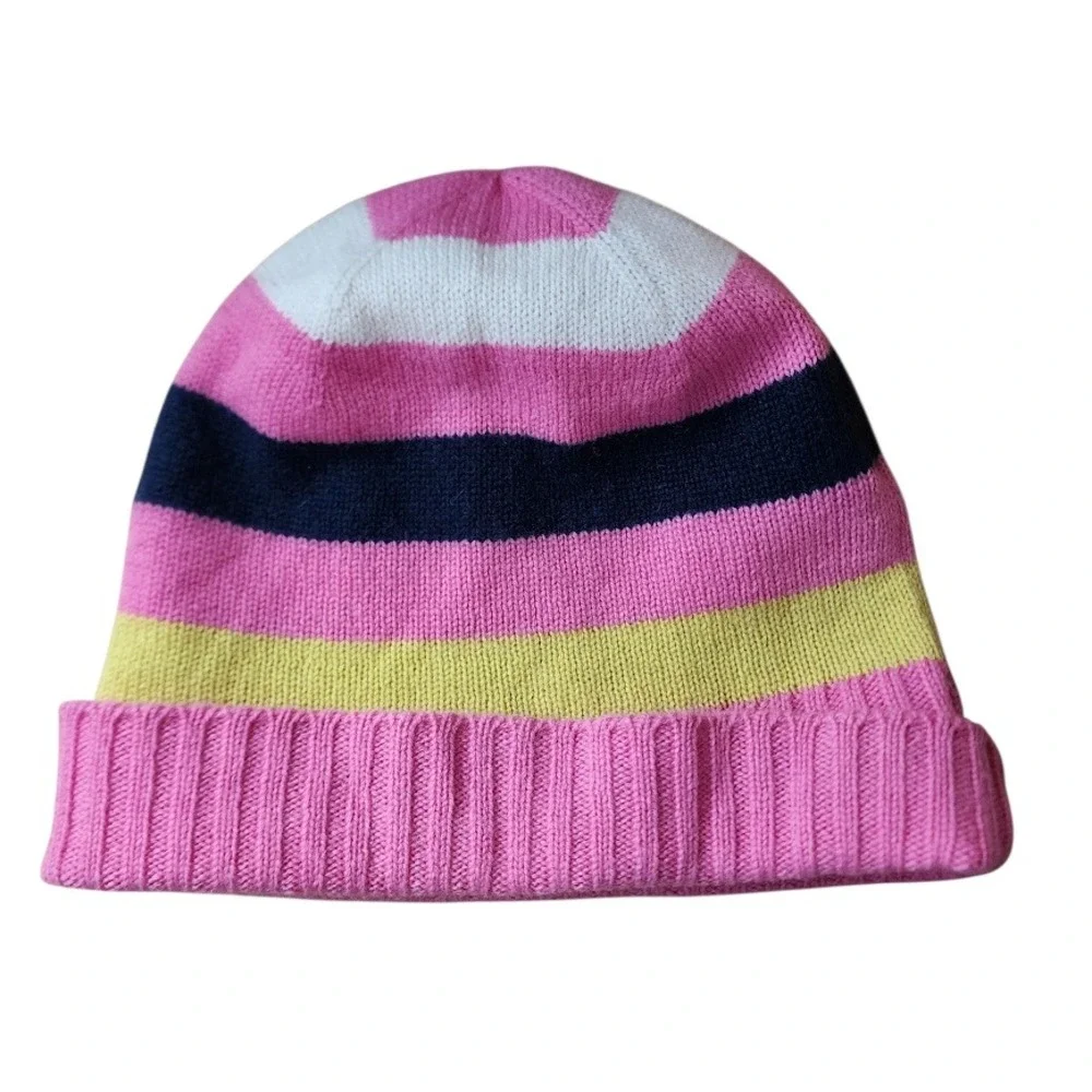 J.CREW VINTAGE Y2K Cashmere Striped Knit Beanie Pink Yellow Navy‎ Preppy